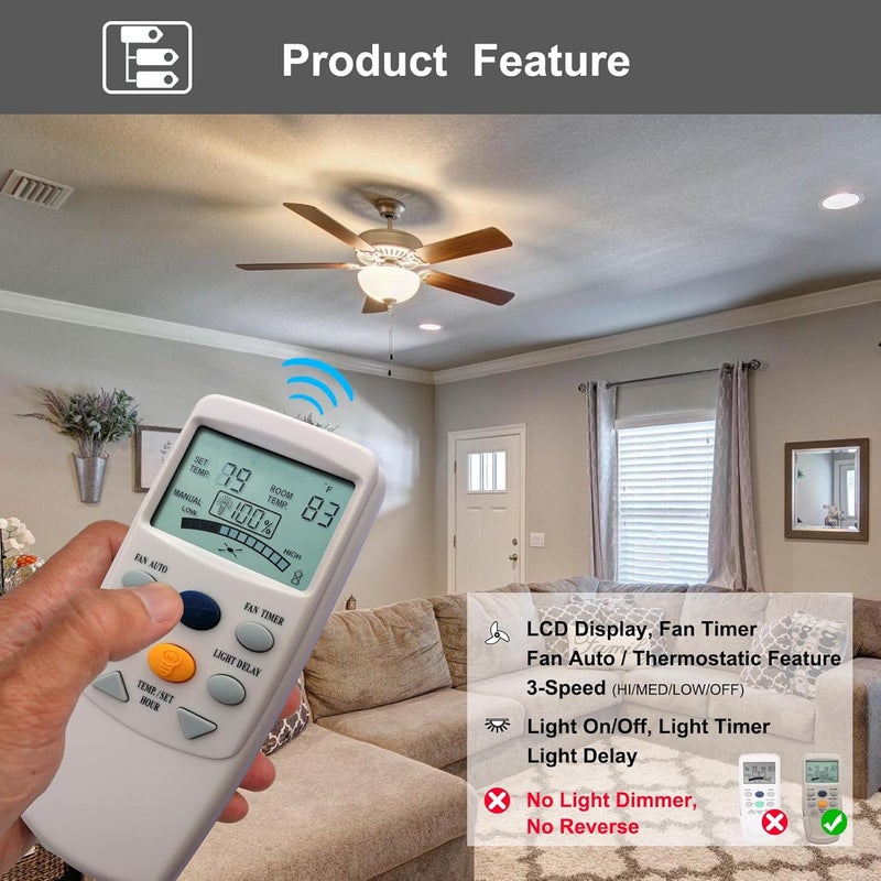 CENMING Replacement Remote for Hampton Bay Thermostatic Ceiling Fan Remote Control FAN-9T L3HFAN-9T,with Fan Timer Key 3-Speed LCD Display Temp 303.9MHz,No Light Dimmer,No Reverse (Remote Only) - Image 3